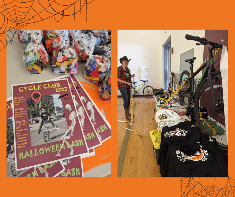 First image: Stacks of MTP Halloween flyers + candy bags for students. Second image: A Volunteer shows off the swag table